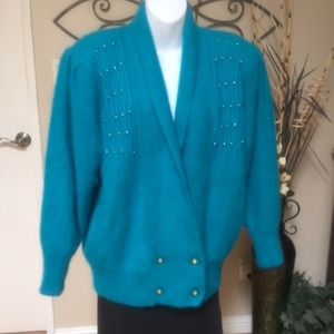 Vintage Teal Angora Sweater with Rhinestones
